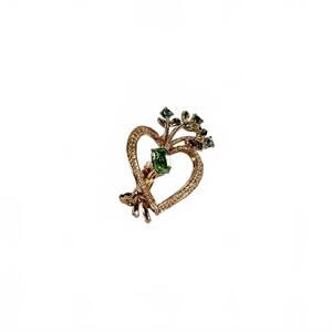 Vintage Heart Floral Brooch Gold Tone Green Blue Rhinestone Bouquet Pin Romantic